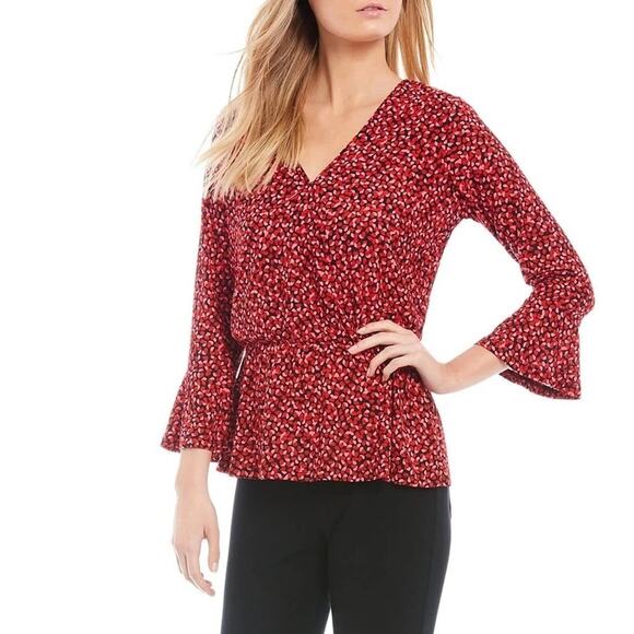 MICHAEL KORS | Red Floral Peplum Blouse Long Sleeve V-Neck Top | Size Small - Picture 2 of 7